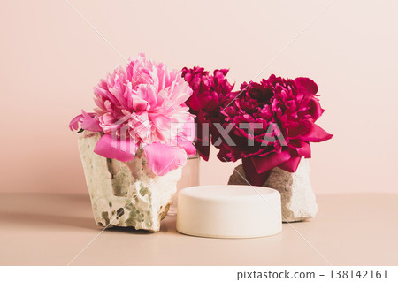 Modern podium wooden geometric shapes stone green fresh plant flowers peony pastel pink background. Abstract background 138142161