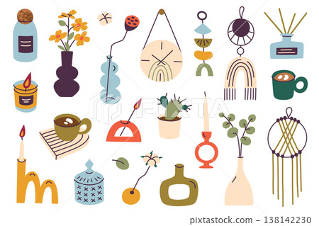 Boho home decor clipart set with vases, dried flowers, pendants, candles and candleholders, cups, eucalyptus branches, aroma diffusers. Interior design and cozy living vector illustration 138142230
