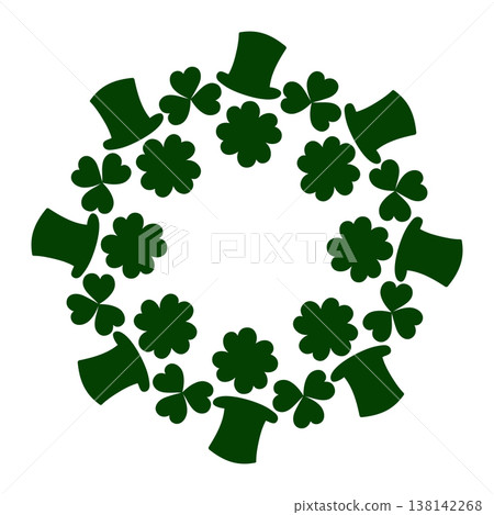 Silhouettes Round Frame border made of clover leaves and leprechaun hats Minimal Flat design Copy space Template. Vector illustration St Patricks Day Greeting or Promo materials sample Media post, tag 138142268