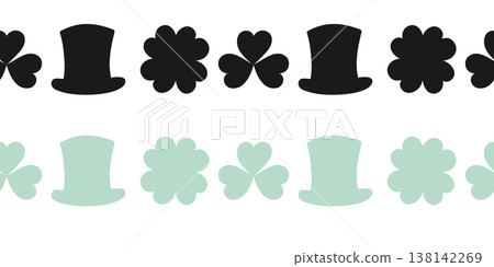Seamless lines ornament made of Silhouette clover leaves and leprechaun hat Black and Green version. Vector illustration Minimalistic Flat design Greetings Thematic decor for Social media post, labels 138142269