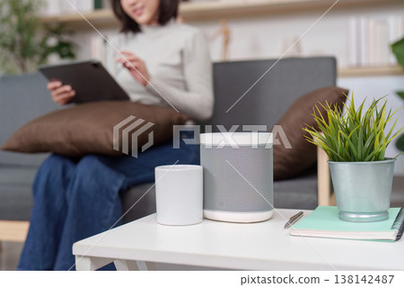 Smart speaker and decor in a modern living room 138142487