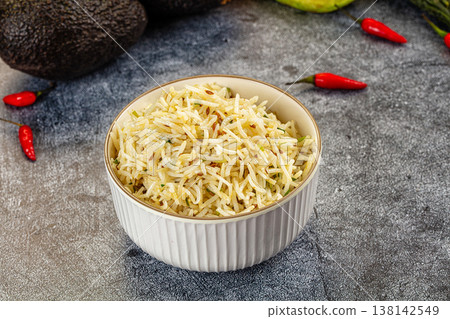 Aromatic Cumin Rice in a Bowl with Exotic Fruits and Vegetables Aromatic Cumin Rice in a Bowl with Exotic Fruits and Vegetables 138142549