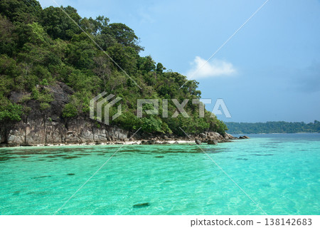 Beautiful Andaman sea, Tropical Turquoise clear blue sea and white sand beach on pattaya beach with blue sky background - summer vacation travel. at Tarutao national park and Koh Lipe in Satun, 138142683