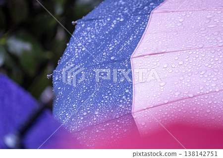 Raindrops on an umbrella, rainy season, rain image 138142751