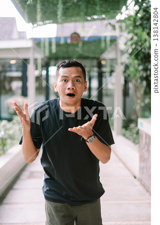 Surprised man with open mouth showing confused or questioning expression 138142804