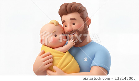 一幅3D插圖，描繪了一位微笑的父親抱著他剛出生的嬰兒。 138143003