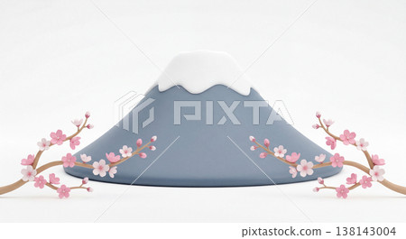 富士山與櫻花枝條形成鮮明對比的3D風格化插圖。 138143004