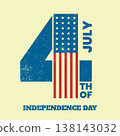 Retro 4th of July typography poster with large number four and American flag details. Minimal vintage Independence Day design in Americana style. Vector illustration 138143032