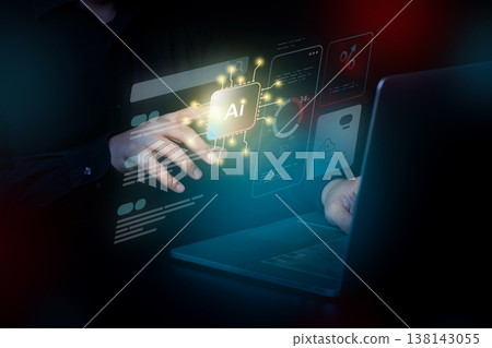 Hand interacting with a hologram AI interface and glowing processor icon representing artificial intelligence and future technology systems. Hand interacting with a hologram AI interface and glowing processor icon representing artificial intelligence and future technology systems. 138143055