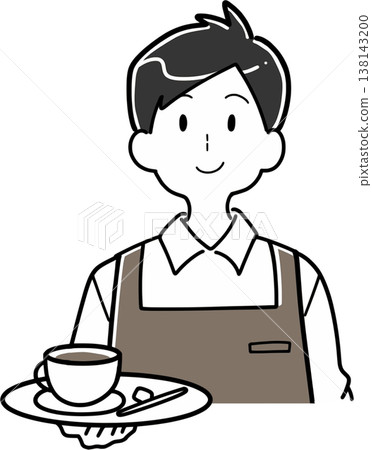 一位微笑的男咖啡店員工正在為顧客端咖啡。 138143200