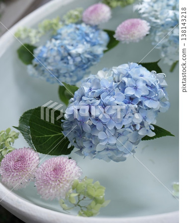 Cute hydrangea flowers floating in the water basin Cute hydrangea flowers floating in the water basin 138143218