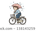 一幅插圖，描繪了雨天騎車撐傘的危險行為（雨天交通違規行為）。 138143259