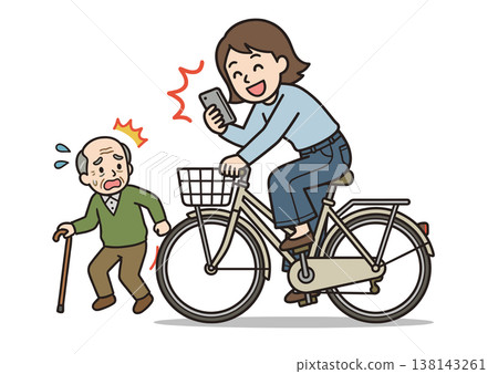 騎車時看手機的危險行為範例（分心駕駛，有與老年人發生碰撞的風險） 138143261