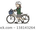 插圖描繪了一名女學生推著自行車步行上學（戴著頭盔並採取了安全措施）。 138143264