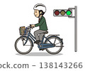 插圖描繪了一名男學生綠燈亮起時騎自行車上學（遵守交通規則並佩戴頭盔）。 138143266