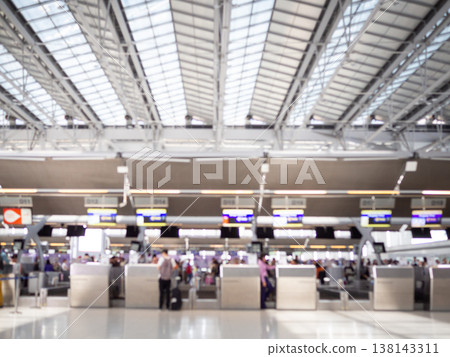 BANGKOK, THAILAND - May 3, 2019: inside of Suvarnabhumi Airport. Airport Check-In Counters With Passengers in Bangkok ,Thailand.This airport is handling about 55 million passengers annually. 138143311