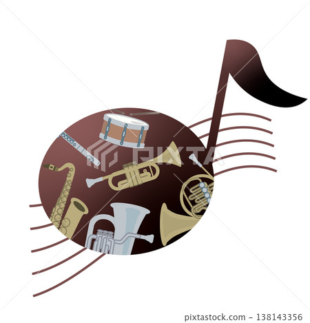 帶有樂器的音符插圖 - 音樂活動和音樂會的裝飾材料（棕色） 138143356