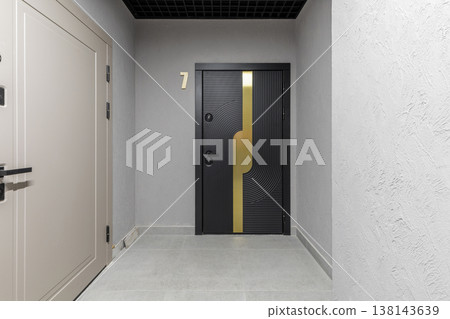 Modern Luxury Apartment Foyer with Designer Black and Gold Security Entrance Door 138143639