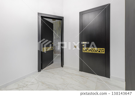 Modern Apartment Hallway with Designer Black Doors and Marble Flooring Modern Apartment Hallway with Designer Black Doors and Marble Flooring 138143647