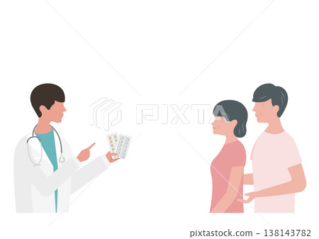 醫生向一對老年夫婦講解藥物的向量插圖。 138143782