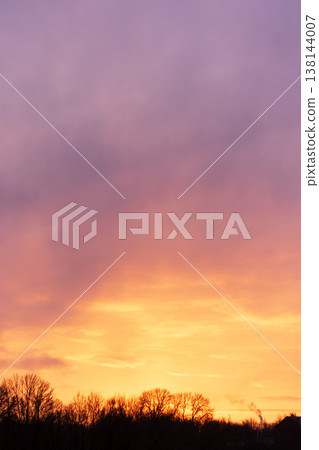Intense twilight sky with smooth orange to violet color gradient and silhouetted trees Intense twilight sky with smooth orange to violet color gradient and silhouetted trees 138144007