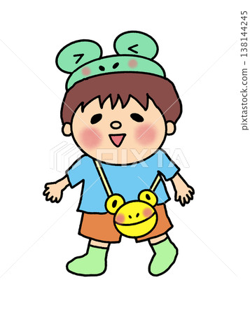 Rainy season: Children's illustration of a frog hat and rain boots character. Rainy season: Children's illustration of a frog hat and rain boots character. 138144245