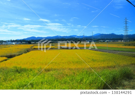 Scenery from the window of the Joshin Electric Railway: Golden rice fields and rice paddies in autumn, a clear October day on a local line in Tomioka City, Gunma Prefecture. 138144291