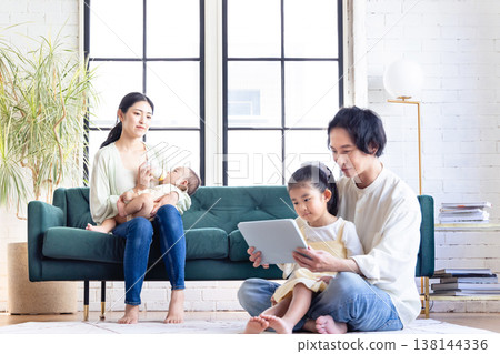 A family relaxing in the living room 138144336