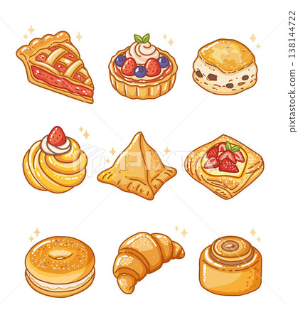 Cute cartoon vector set of popular bakery and sweet desserts Cute cartoon vector set of popular bakery and sweet desserts 138144722