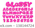 3d style vector of high glossy pink alphabet and numbers on white background 138144724