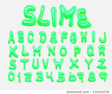 3d style vector of neon green slime alphabet and numbers on white background 3d style vector of neon green slime alphabet and numbers on white background 138144726