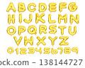 3d style vector of inflated glossy yellow gold metallic balloon alphabet and numbers on white background 138144727