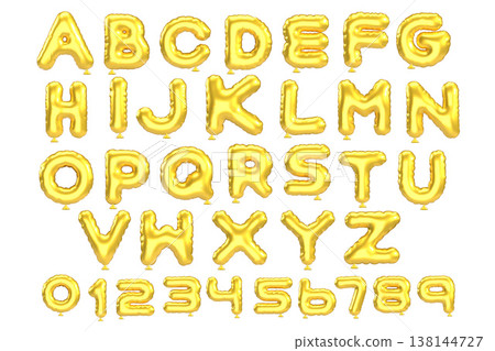 3d style vector of inflated glossy yellow gold metallic balloon alphabet and numbers on white background 3d style vector of inflated glossy yellow gold metallic balloon alphabet and numbers on white background 138144727