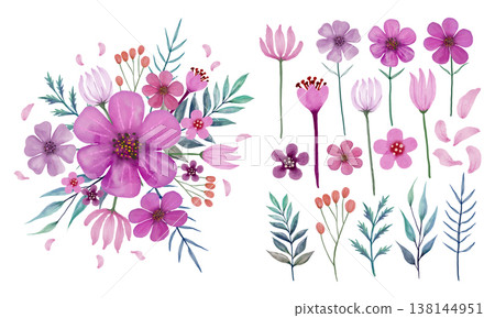 Set of watercolor flower bouquet vector for celebration, party, greeting and decoration. Pink, violet and green color scheme Set of watercolor flower bouquet vector for celebration, party, greeting and decoration. Pink, violet and green color scheme 138144951