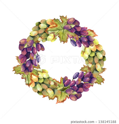 Watercolor green and black grapes vine round wreath. Isolated Illustration of purple grape bunch. Round frame, banner of botanical autumn berries. For label, logo, restaurant menu, packaging design 138145188