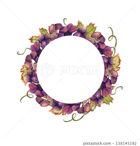 Black grapes vine wreath watercolor. Circle frame with copy space inside, leaves, branch, bunch purple juicy autumn berry. Hand drawn isolated illustration for label, packaging design, menu design 138145192