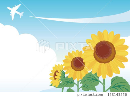 Summer blue sky and sunflower frame background illustration, landscape with airplane and contrails, summer greeting card material. Summer blue sky and sunflower frame background illustration, landscape with airplane and contrails, summer greeting card material. 138145256