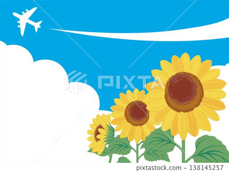 夏日藍天和向日葵邊框背景插圖，飛機和尾跡的風景，夏季賀卡素材。 138145257