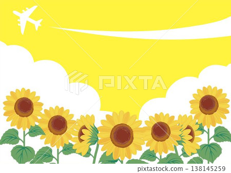 Summer blue sky and sunflower frame background illustration, landscape with airplane and contrails, summer greeting card material. Summer blue sky and sunflower frame background illustration, landscape with airplane and contrails, summer greeting card material. 138145259
