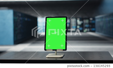 Green screen tablet in data center used for doing maintenance on infrastructure, improving workload. Mockup device in server farm used by high tech server clusters for parallel processing 138145293