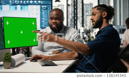 Real estate investor and developer planning layout with isolated pc, preparing infrastructure designs and reviewing housing and commercial property development strategy in office. 138145343