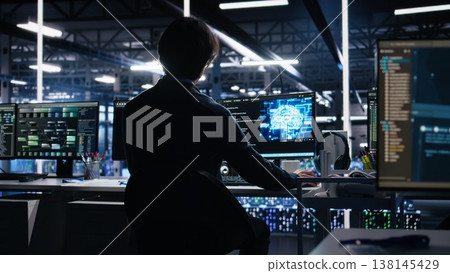 Admin in server room drinks coffee while using AI to review infrastructure diagnostics. IT specialist enjoys beverage in data center while analyzing performance with artificial intelligence, camera A 138145429