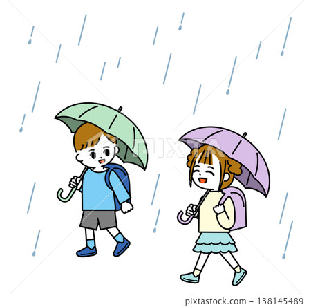 孩子們撐著傘去上學。 孩子們撐著傘去上學。 138145489