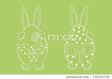 Easter Eggs Collection with polka dot decor and tied ribbon bow and protruding rabbit ears, paws Set. Vector illustration Easter Greeting Thematic Card design elements Sticker Icon Ad flyer, leaflets Easter Eggs Collection with polka dot decor and tied ribbon bow and protruding rabbit ears, paws Set. Vector illustration Easter Greeting Thematic Card design elements Sticker Icon Ad flyer, leaflets 138145726