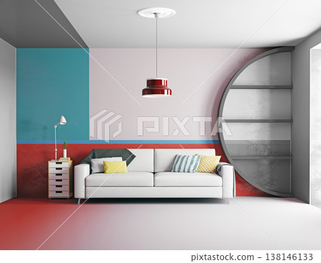 Geometric living room interior with white sofa. 3D render of colorful modern space and round shelf Geometric living room interior with white sofa. 3D render of colorful modern space and round shelf 138146133