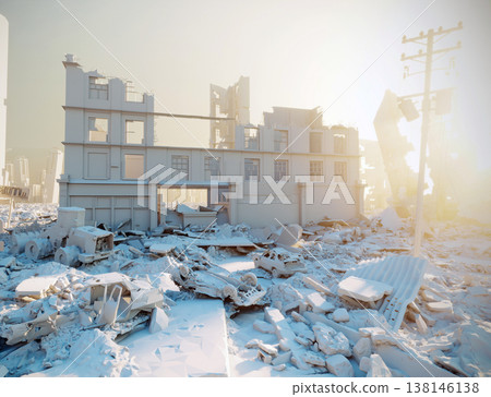 White clay 3D render of a destroyed city. Post apocalyptic urban landscape with ruins and rubble White clay 3D render of a destroyed city. Post apocalyptic urban landscape with ruins and rubble 138146138