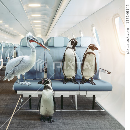 Surreal illustration of an airplane cabin. Pelican and penguins standing on passenger seats Surreal illustration of an airplane cabin. Pelican and penguins standing on passenger seats 138146143