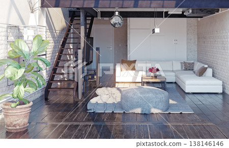 Contemporary loft apartment interior with white sofa and metal stairs. 3d illustration 138146146