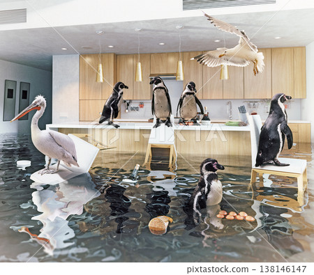 Surreal flooded modern kitchen with penguins and pelican. Global warming concept. 3d and photo combinated 138146147