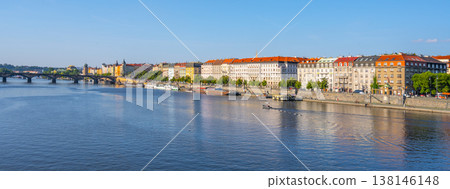 People enjoy their time near Rasn Embankment in Prague. The sun shines bright while boats move slowly on the Vltava River. Buildings line the embankment, filled with green trees. 138146148